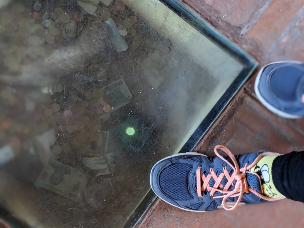 The small hole in the bridge where you can see the floor of gorge: page 22